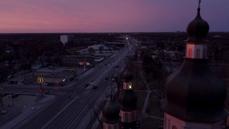 Orbiting-From-Main-Street-Church-in-Foreground-Sunset