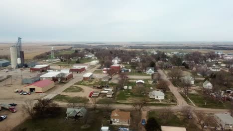 Aerial-view-of-a-small,-rural-Midwestern-town