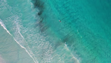Einsamer-Surfer-Wartet-Auf-Wellen-An-Bord-Im-Türkisfarbenen-Ozeanwasser-Von-Oben-Nach-Unten-Drohnenluftbild