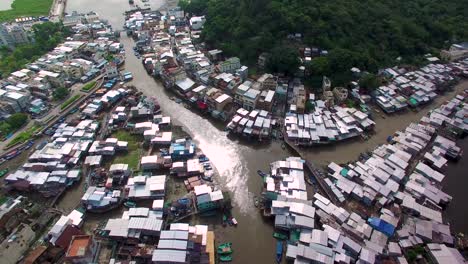 Aerial-God's-eye-view-of-Tai-O-Fishing-Village-and-canals-at-Lantau-island,-Hong-Kong