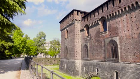 Old-medieval-Sforzesco-Castle-details,sunny-day-and-clouds,Milan-,Italy