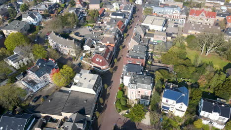 Aerial-of-small-shopping-district-in-Baarn,-the-Netherlands
