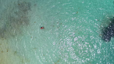 Downward-angle-drone-shot-of-man-swimming-in-clear-blue-ocean-waters