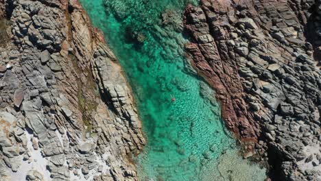 Lonely-Woman-Snorkeling-in-Turquoise-Lagoon-Water-Ascending-Top-Down-Drone-Shot
