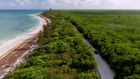 Wide-drone-shot-of-car-driving-along-the-natural-coastline-near-Mahahual-Mexico-with-dense-tropical-forest-and-clear-ocean-water