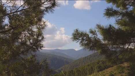 Time-lapse-at-the-mountains-with-hills-full-of-pine-trees