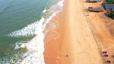Goa-Sinquerim-Stranddrohne-Aus-Der-Vogelperspektive-Drohne,-Die-In-Richtung-Nach-Oben-Geneigte-Kamera-Herunterkommt,-Verleumdende-Aufnahme