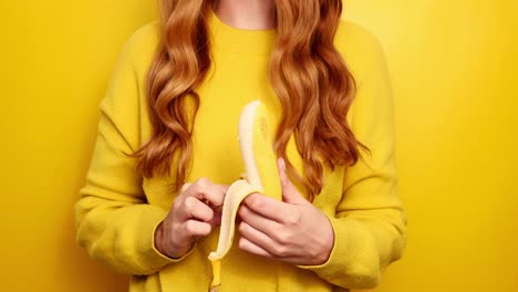 Rothaarige-Frau,-Die-Banane-Auf-Gelbem-Hintergrund-Schält