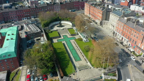 High-aerial-view-of-the-Garden-of-Remembrance-in-Dublin-City,-Ireland