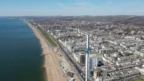 Brighton-UK-British-Airways-i360,-Pov-beach-and-tower-Aerial-4K