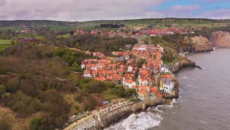 Robin-Hoods-Bay-Harbour-Aerial-View-At-High-Tide-Over-Fishing-Village