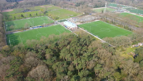 Luftaufnahmen-Von-Grünen-Fußballfeldern,-Die-Hinter-Wäldern-Versteckt-Sind