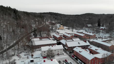 Aerial-wide-shot-of-apartment-buildings-in-neighborhood-of-Sweden-during-winter