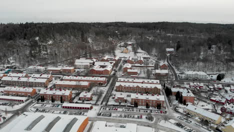 Tiny-Swedish-town-covered-in-snow-on-cold-winter-day