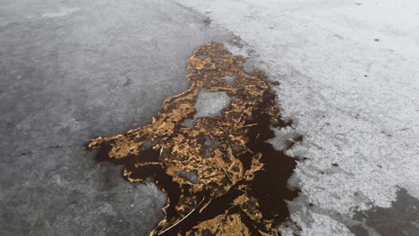Aerial---frozen-lake-with-driftwood-in-winter,-Sweden,-wide-shot-backward