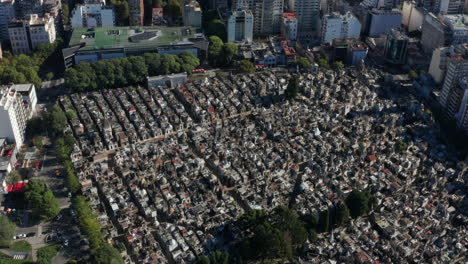 AERIAL---Recoleta-Cemetery,-Buenos-Aires,-Argentina,-scenic-spinning-shot