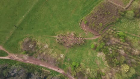 4K-Willow-Cathedral-Live-Skulptur-Aus-Weidenbäumen-In-Taunton-Somerset,-60fps-Drohne,-Die-Sich-über-Die-Baumkathedrale-Bewegt