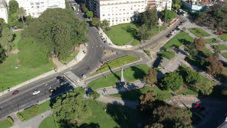 AERIAL---Recoleta-neighborhood,-Buenos-Aires,-Argentina,-wide-lowering-shot