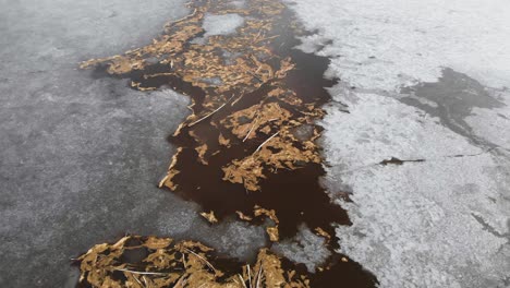 Aerial---Frozen-lake-and-driftwood-in-winter,-Sweden,-wide-shot-backward