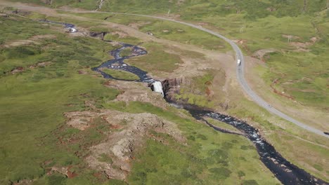 Gufufoss-waterfall-in-Iceland-during-summer,-scenic-landscape,-aerial