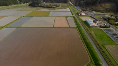 Slow-aerial-tilt-up-over-water-filled-rice-fields-in-Japanese-countryside