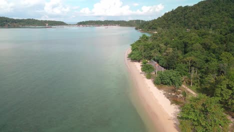 Aerial-Dolly-Drone-Shot-Along-a-Beautiful-Coastal-Beach-Front-in-Bang-Bao,-Koh-Chang,-Thailand