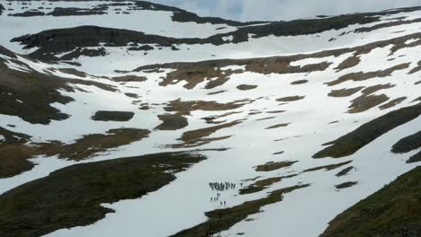 Iceland-mountains-with-melting-snow-and-group-of-hikers-on-slope,-aerial