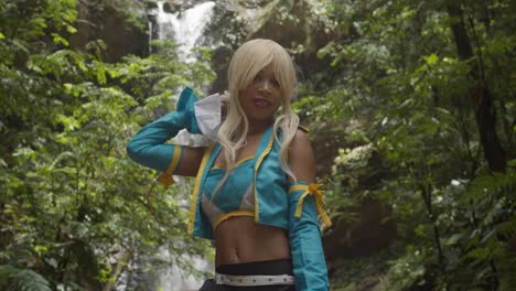 Amaing-model-anime-cosplayer-video-shoot-at-the-base-of-a-waterfall-on-the-Caribbean-island-of-Trinidad