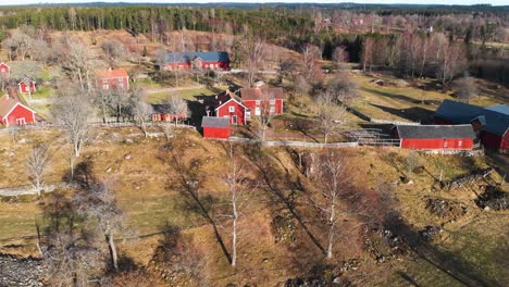 Aerial-small-village-Åsens-By-Swedish-farmland-culture-reserve-red-houses-day