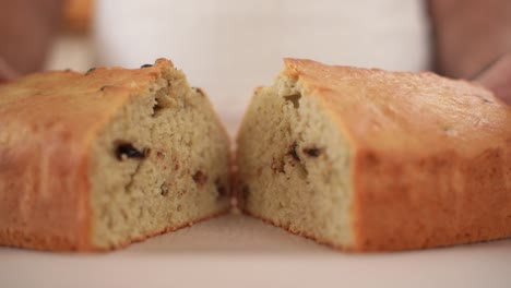 Separate-Chocolate-Chip-Bread-Loaf-Halves-Apart,-Showing-Tasty-Dessert,-Close-Up