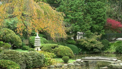 Jardín-Japonés-Con-Estanque,-Pagoda-Y-Pasarela-En-Otoño