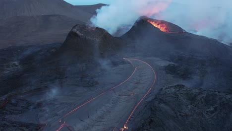 Solidifying-lava-stream-on-slope-of-active-Fagradalsfjall-volcano-in-Iceland