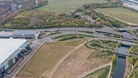Drone-shot-over-olympic-park-and-East-way-A12-London