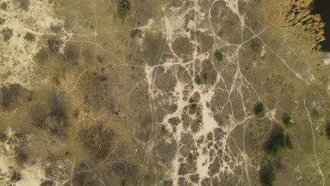 Mewia-Lacha-Nature-Reserve,-drone-flying-Directly-Above-Crusty-spotty-cracked-Land-Surface