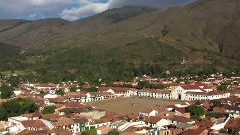 Aerial-View-of-Villa-De-Leyva,-Small-Colonial-Town-in-Boyaca,-Colombia-on-Sunny-Day