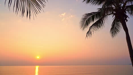 Palmen-Umrahmen-Eine-Untergehende-Sonne-über-Dem-Ozeanwasser