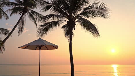Silhouette-Von-Palmen-Und-Sonnenschirm-Mit-Meer-Im-Hintergrund-Bei-Sonnenuntergang