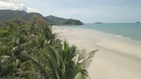 Scenic-Aerial-View-Hovering-Above-Tree-Line-with-a-Static-Drone-Shot-on-Koh-Chang-Tropical-Island-with-White-Sand,-Coconut-Palm-Trees-and-Ocean-Waves-in-Amazing-Thailand
