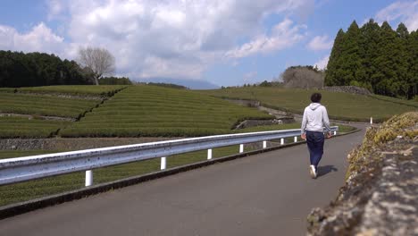 Male-solo-tourist-walking-through-road-next-to-green-tea-fields-in-Japan