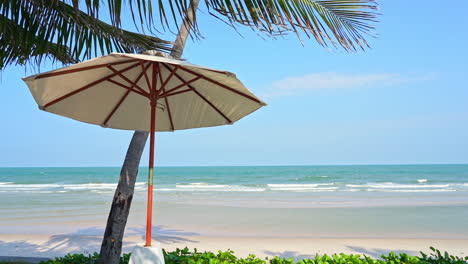 Tropical-Seascape-with-Isolated-Sun-Parasol-beneath-Beach-Palm-Tree