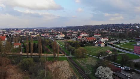 Scenic-aerial-panorama-of-small-mining-town-Wieliczka-near-Krakow,-Poland