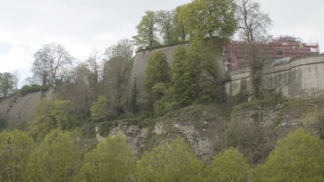 Pan-over-old-fortress-walls-on-mountain-in-Luxembourg-City