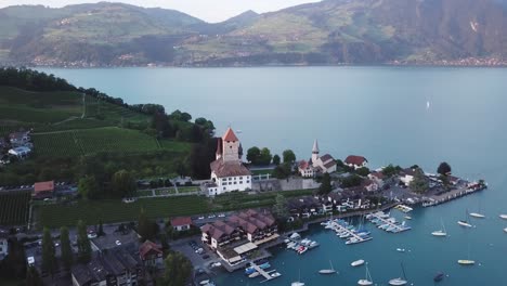 Castle-and-Lake-Spiez-Lake-Thun-in-the-Bernese-Oberland-reverse-drone-flight