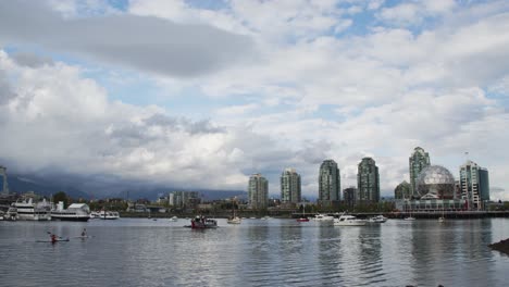 False-creek-cityscape-with-Science-World-and-buildings,-Vancouver-Canada