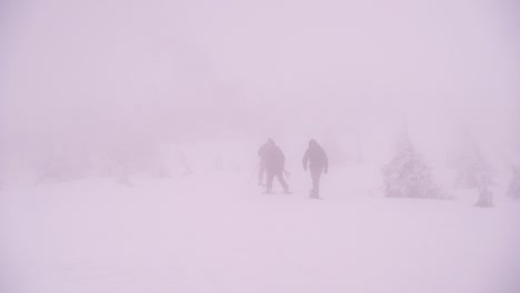 Three-hikers-walking-through-snowed-in-blizzard-landscape