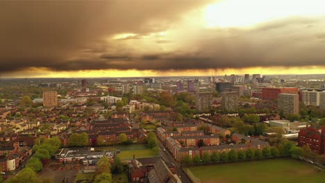 Aerial-drone-skyline-cityscape-Manchester-city-housing-estate-storm,-England