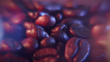 Abstract-Coffee-beans-extreme-closeup-dolly-shot-orange-and-blue-colorful-light