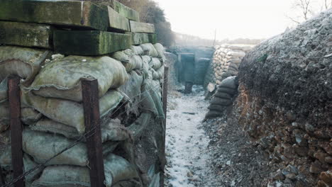 A-first-world-war-trench-view-with-wooden-planks-and-sand-bags-in-France-during-ww1
