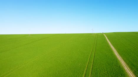 Flying-over-a-bright-green-field-with-a-footpath-in-the-middle