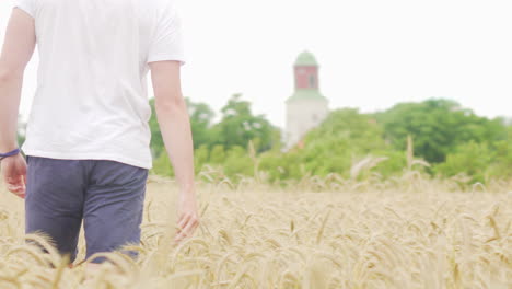 Man-walking-around-in-wheat-crop-field-in-shorts-and-t-shirt-farmer-farming-boy-picking-plant-straws-flower-summer-vacation-roadtrip-travel-visit-Europe-smooth-feeling-relaxed-close-to-nature-happy